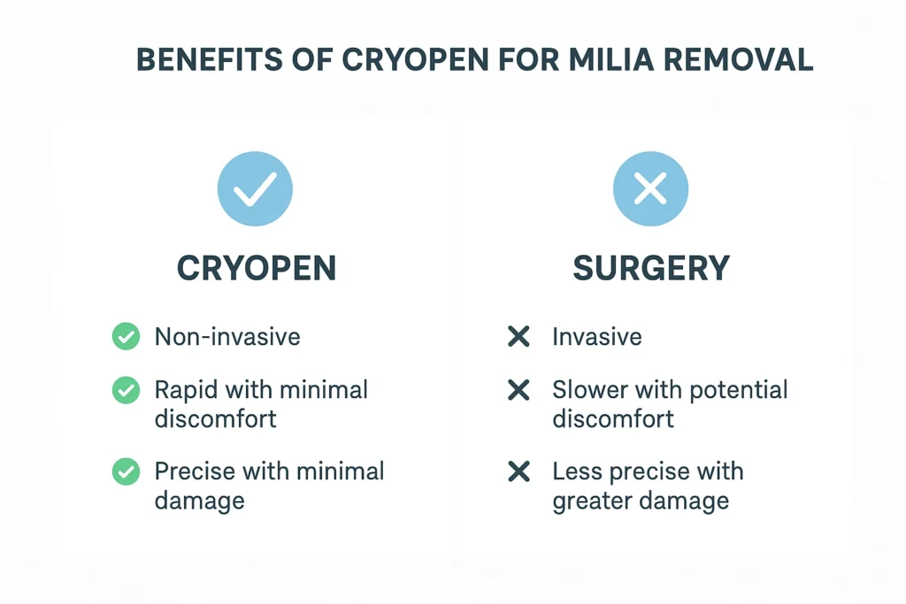Benefits of cryopen for milia removal Maplehurst compared to surgical treatments.