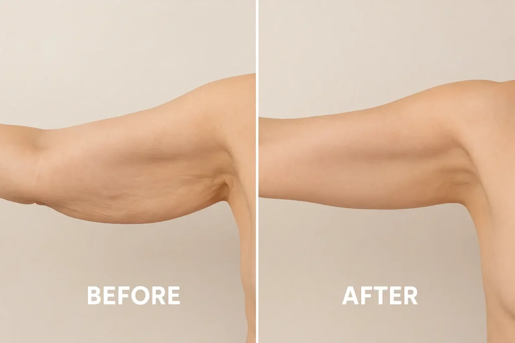 Picture of LA LIPO Maplehurst before and after results of skin tightening treatment on the upper arms.