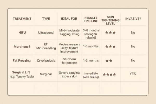 Table showing the comparisons of Skin tightening Maplehurst treatment options.